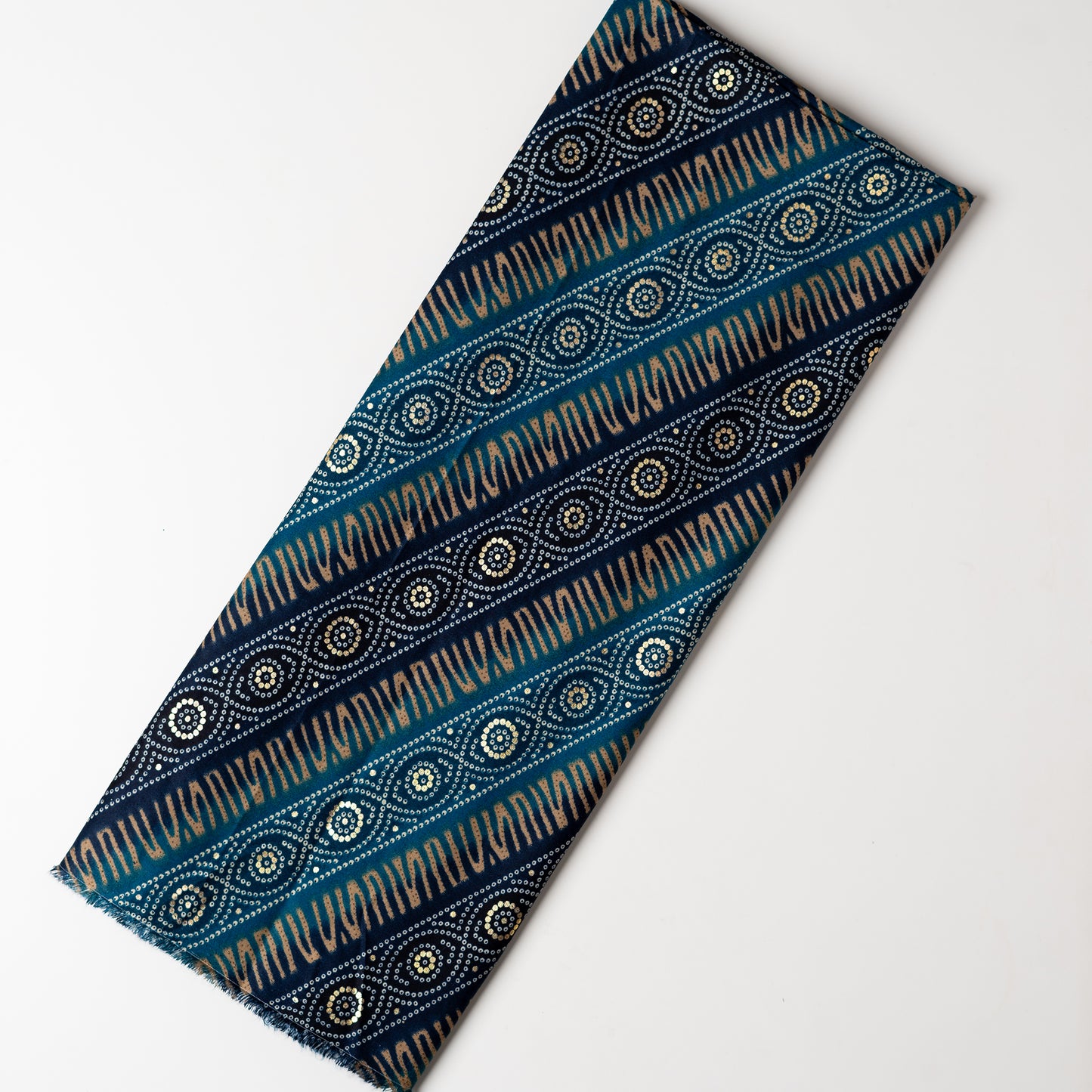 blue color rayon fabric with gold color print design