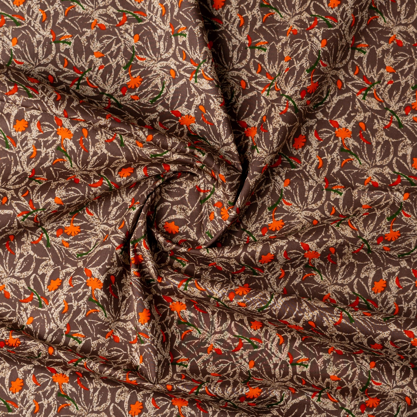 beautiful brown color cotton fabrics with orange, cream and green color prints