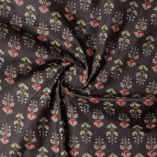 dark brown color printed fabric with maroon, green and cream color beautiful prints