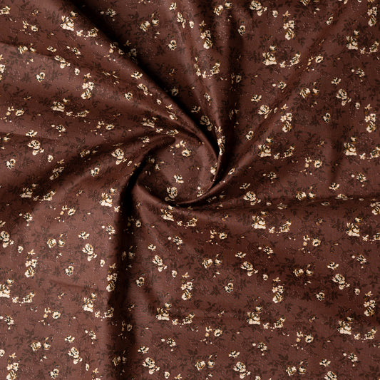 Brown color cotton printed running fabrics with cream color floral prints