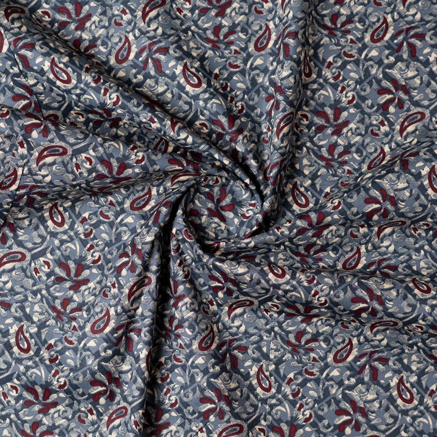 Grey color fabric with dark maroon and cream color prints