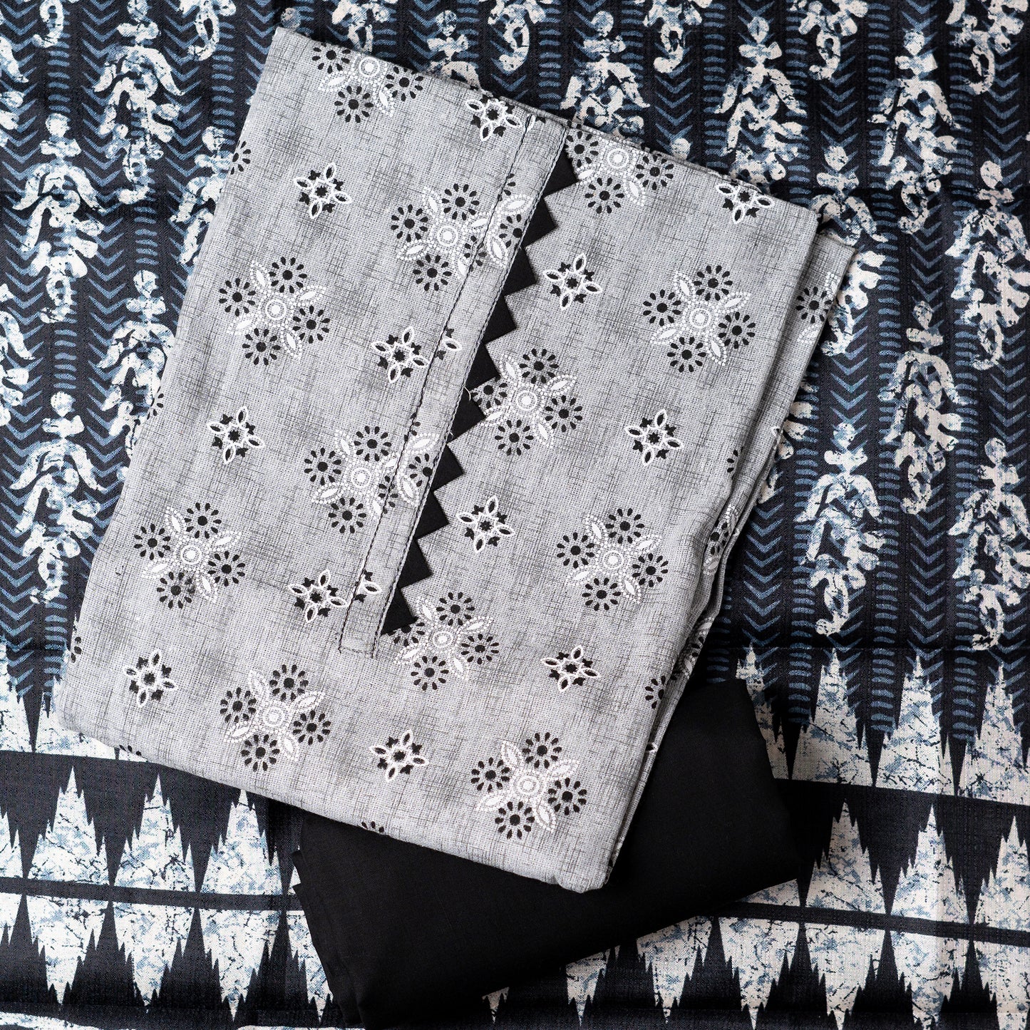 A must buy collection for upcoming summer season, cotton top with print design and pattern in neck line in black color. Chanderi printed dupatta, cotton plain black color bottom