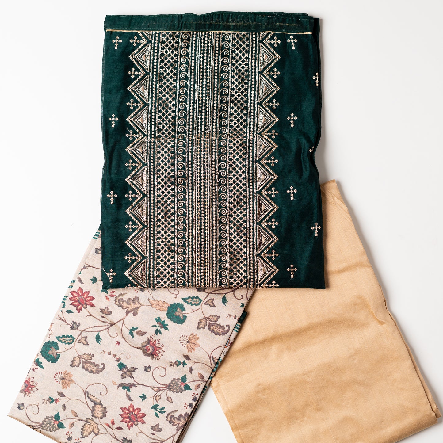 Chanderi silk bottle green color top with sober embroidery work in middle and small elegant embroidery all over the body. Digital printed silk dupatta , Cotton silk cream color botto