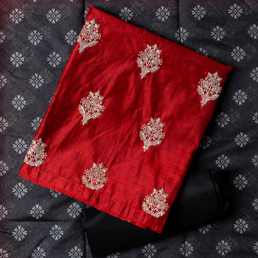 Chanderi silk maroon color top with silver color embroidery work all over the body, silk dupatta with digital prints, cotton silk black color bottom