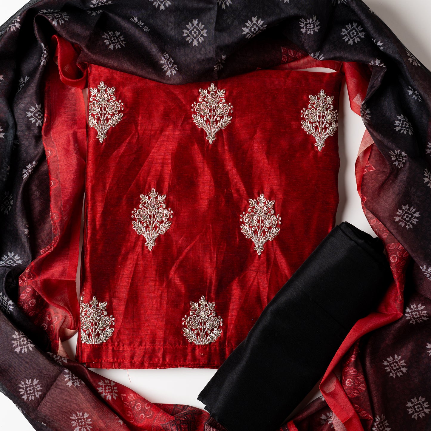 Chanderi silk maroon color top with silver color embroidery work all over the body, silk dupatta with digital prints, cotton silk black color bottom