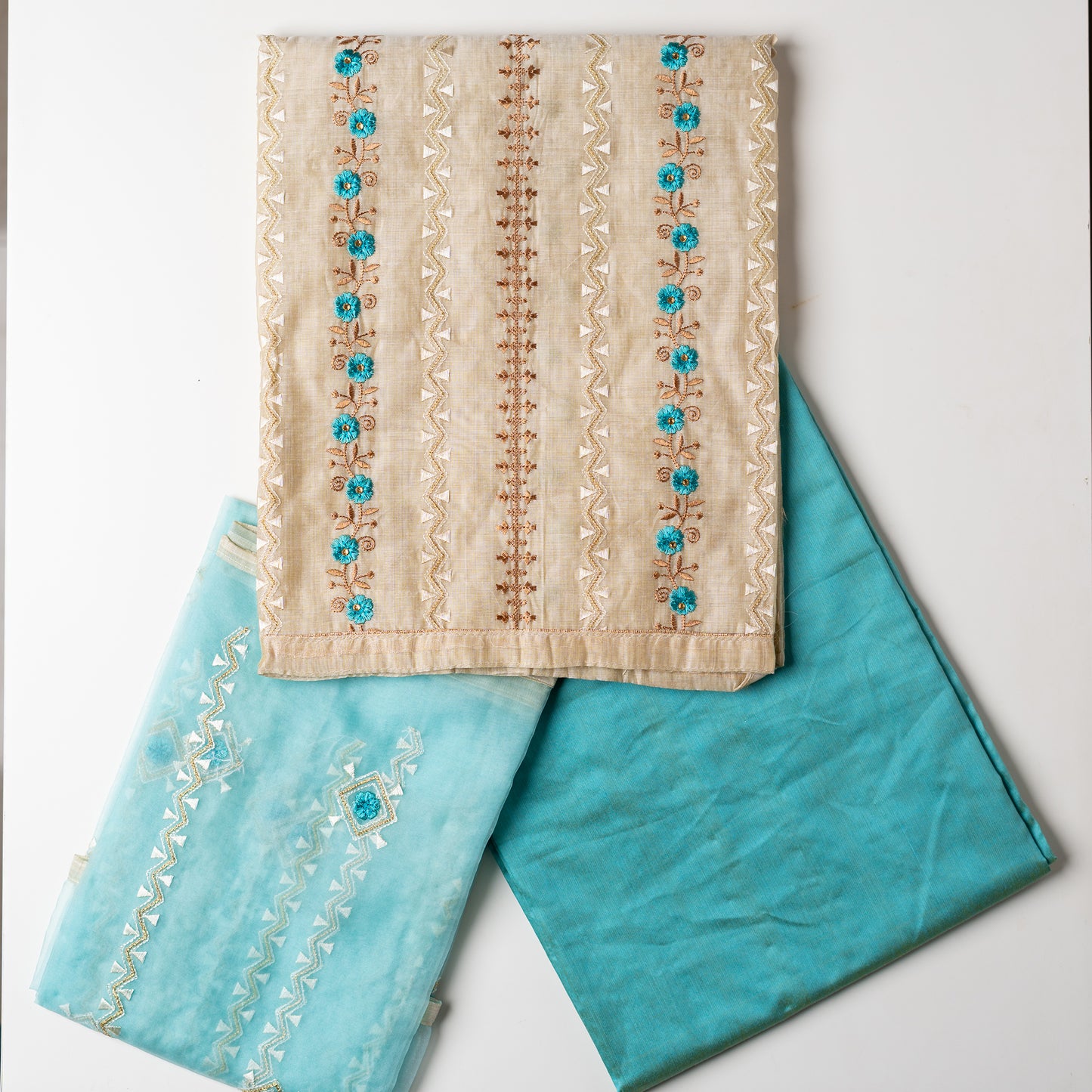 Chanderi Silk Dress Material (Cream & Turquoise)