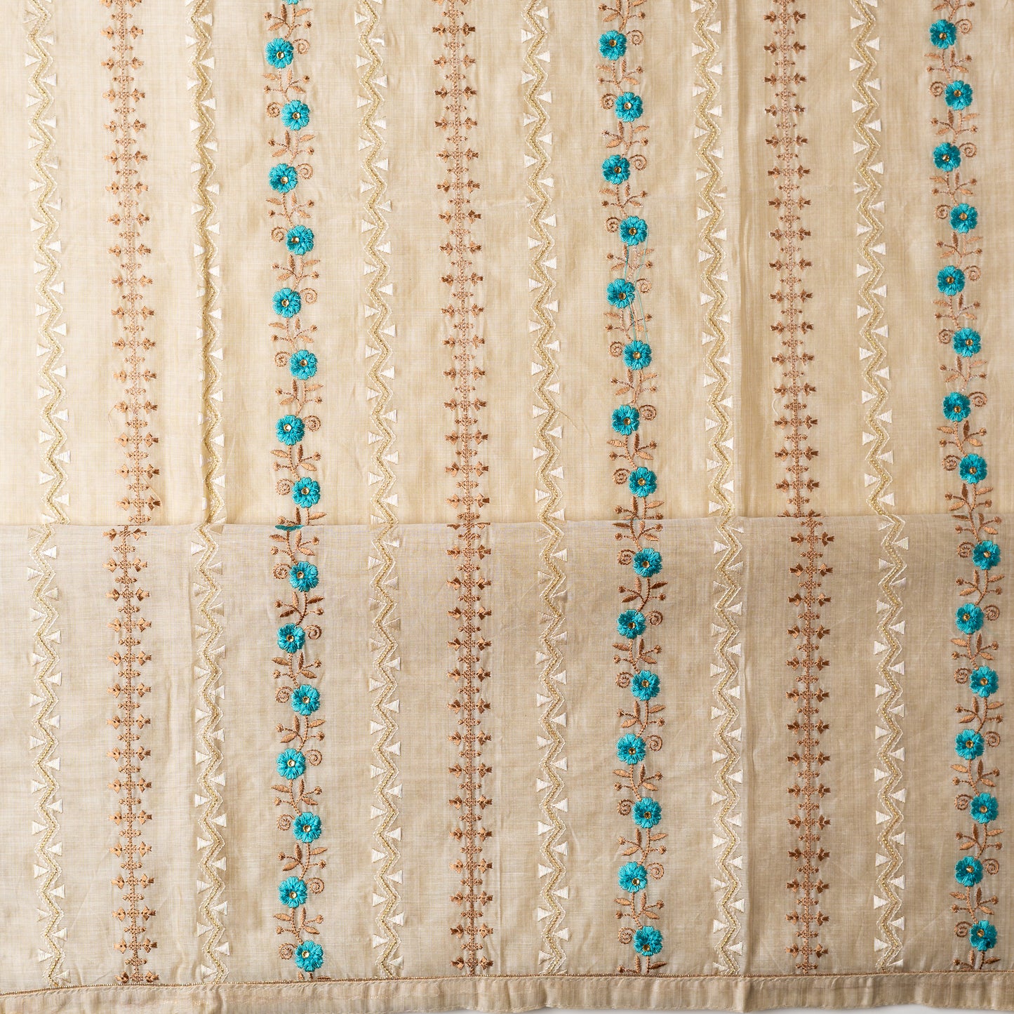 Chanderi Silk Dress Material (Cream & Turquoise)