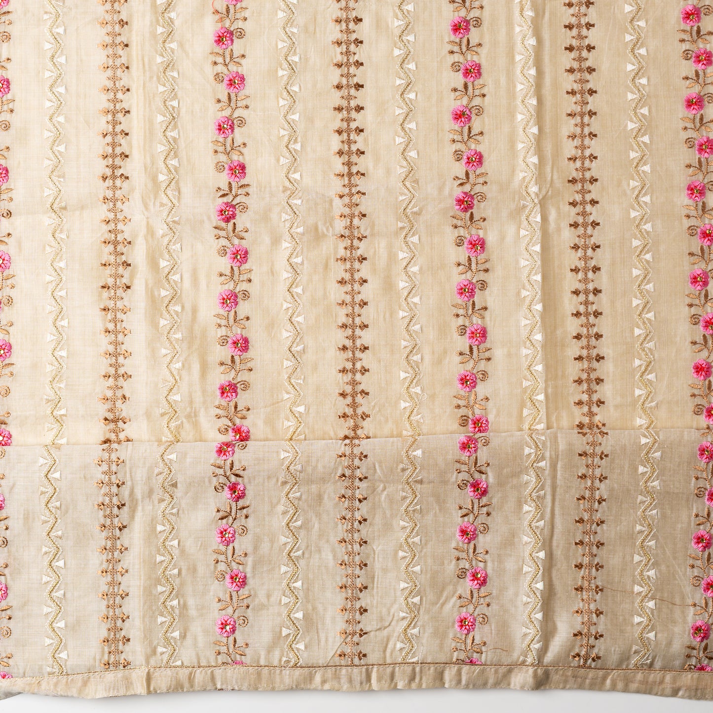 Chanderi silk top with embroidery work and zari thread work, beautiful pink color flowers in embroidery all over the top