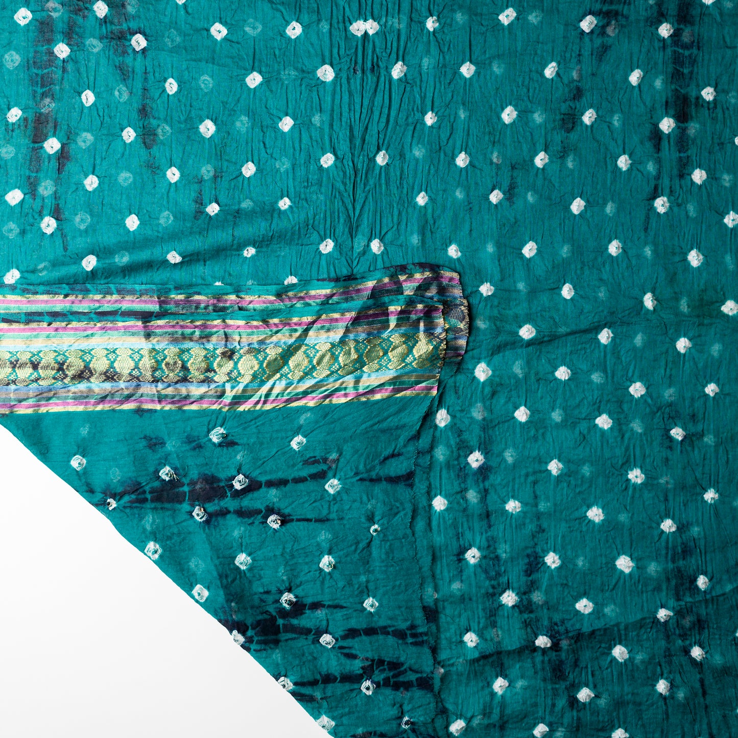 Teal blue color dupatta with shibori designs in navy and golden borders.