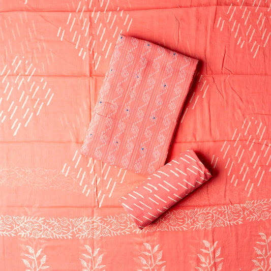 Cotton peach color top with katha work , cotton bottom with print design, mul cotton dupatta with matching print design.