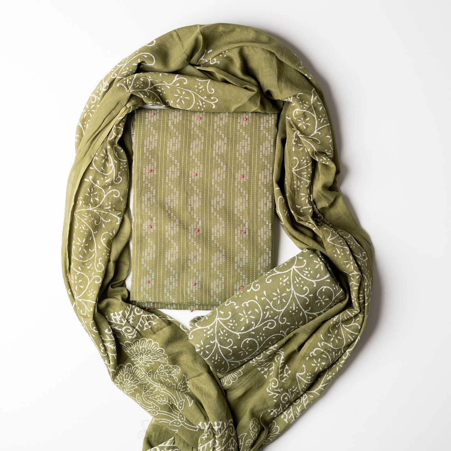 Cotton mehendi green color top with katha work , cotton bottom with print design, mul cotton dupatta with matching print design.