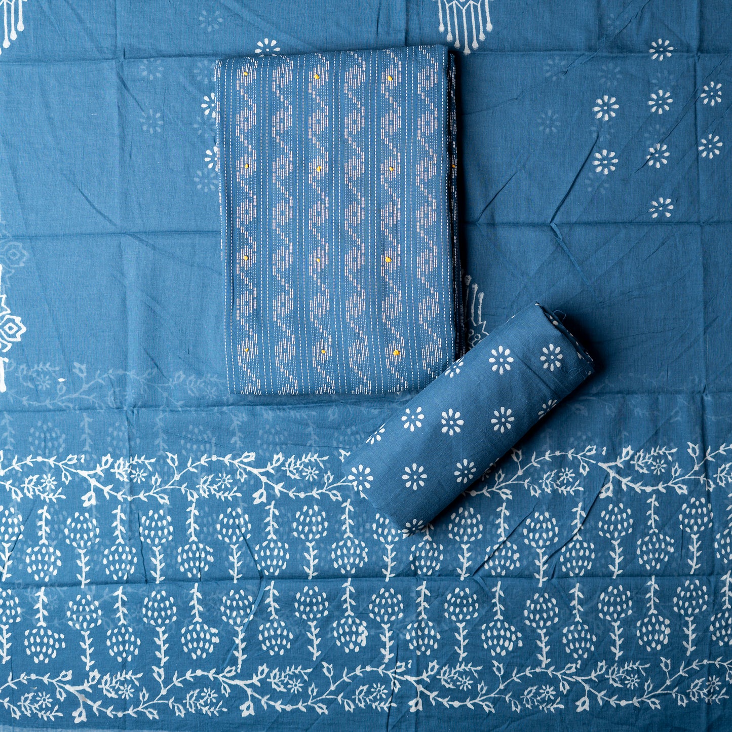 Cotton blue color top with katha work , cotton bottom with print design, mul cotton dupatta with matching print design.