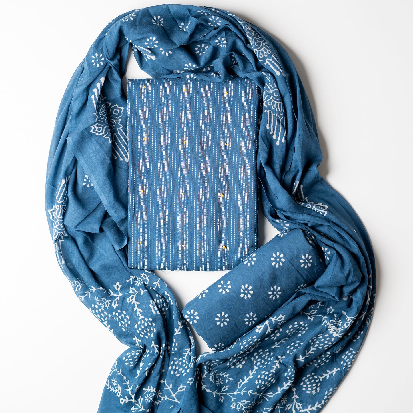 Cotton blue color top with katha work , cotton bottom with print design, mul cotton dupatta with matching print design.