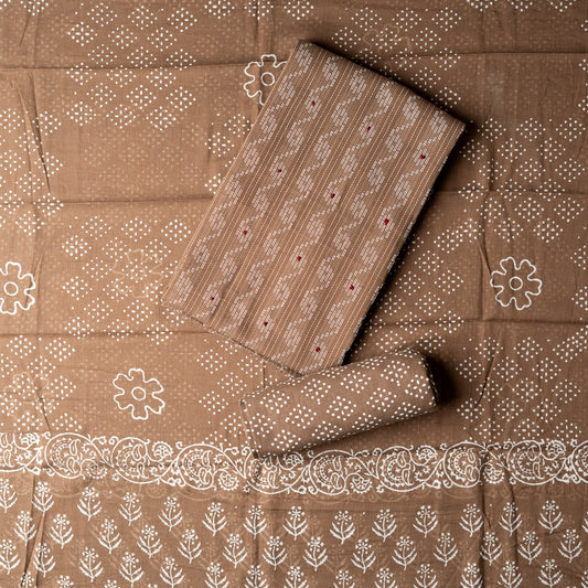 Cotton Katha Work Dress Material (Brown)