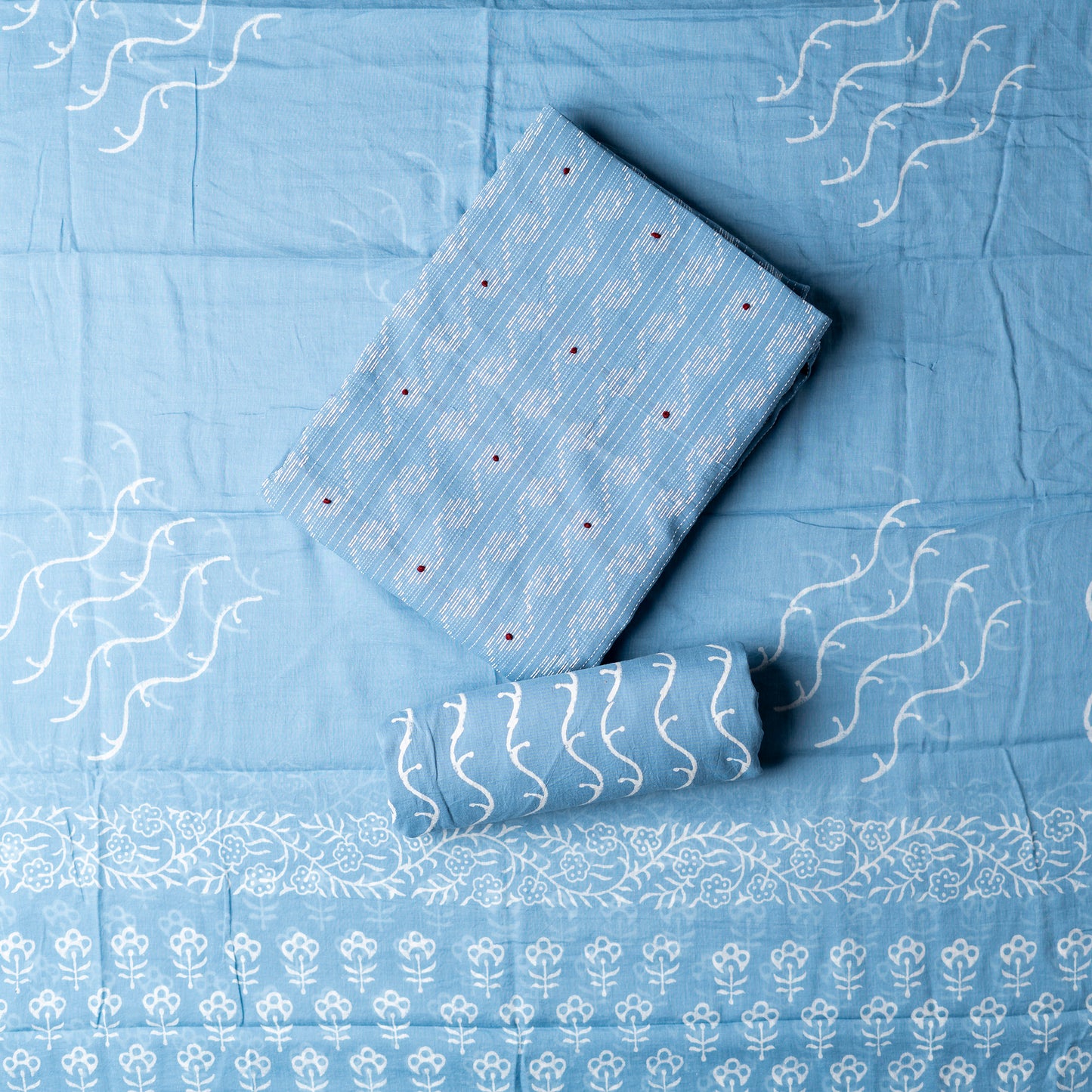 Cotton light blue color top with katha work , cotton bottom with print design, mul cotton dupatta with matching print design.
