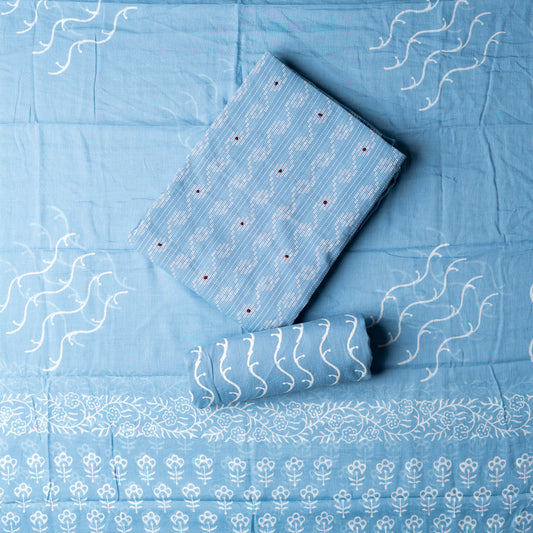 Cotton light blue color top with katha work , cotton bottom with print design, mul cotton dupatta with matching print design.