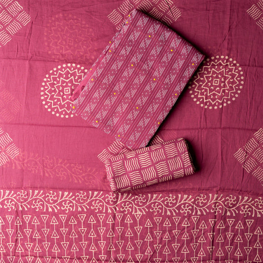 Cotton wine color top with katha work , cotton bottom with print design, mul cotton dupatta with matching print design.
