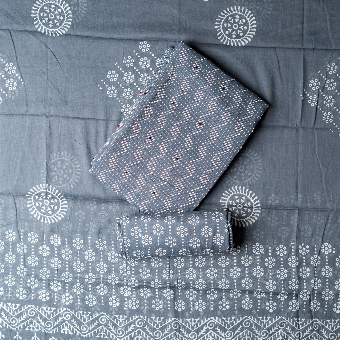 Cotton grey color top with katha work , cotton bottom with print design, mul cotton dupatta with matching print design.