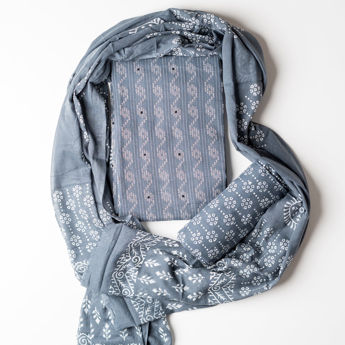 Cotton grey color top with katha work , cotton bottom with print design, mul cotton dupatta with matching print design.
