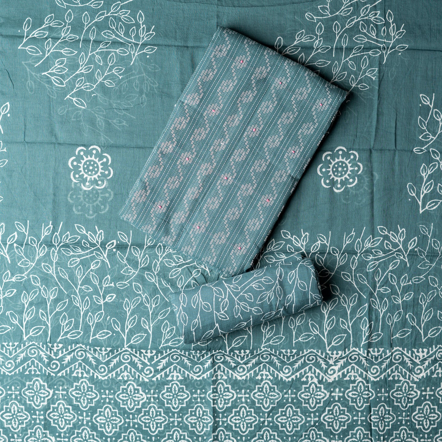 Cotton dark green color top with katha work , cotton bottom with print design, mul cotton dupatta with matching print design.