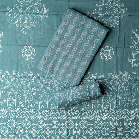Cotton dark green color top with katha work , cotton bottom with print design, mul cotton dupatta with matching print design.