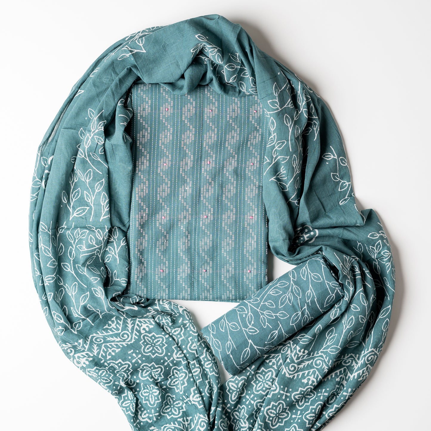 Cotton dark green color top with katha work , cotton bottom with print design, mul cotton dupatta with matching print design.