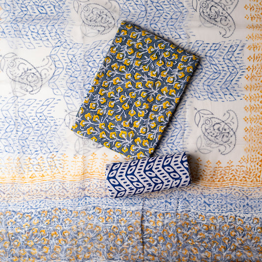 Hand block printed cotton dress material, It's a perfect gift for cotton lovers!!. This is a pure cotton hand block printed set, the fabric is soft and prints are so elegant. Cotton top with multi color prints, cotton bottom with blue color prints. Pure chiffon dupatta with multi color prints