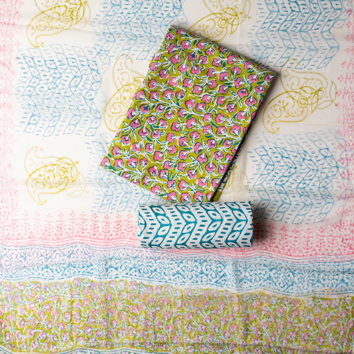 Cotton hand block printed dress material, It's a perfect gift for cotton lovers!!. This is a pure cotton hand block printed set, the fabric is soft and prints are so elegant. Cotton top with multi color prints, cotton bottom with blue color prints. Pure chiffon dupatta with multi color prints