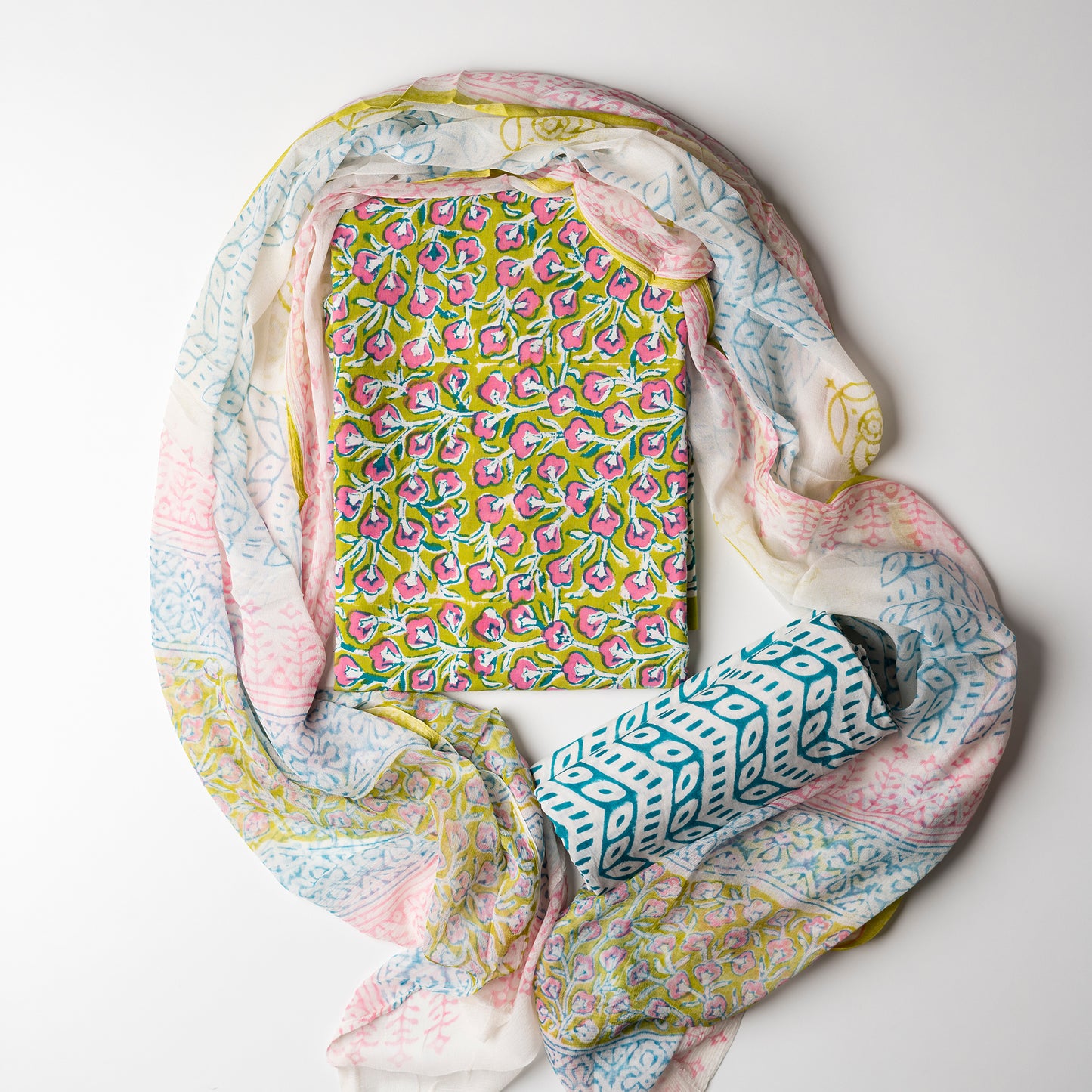 Cotton hand block printed dress material, It's a perfect gift for cotton lovers!!. This is a pure cotton hand block printed set, the fabric is soft and prints are so elegant. Cotton top with multi color prints, cotton bottom with blue color prints. Pure chiffon dupatta with multi color prints