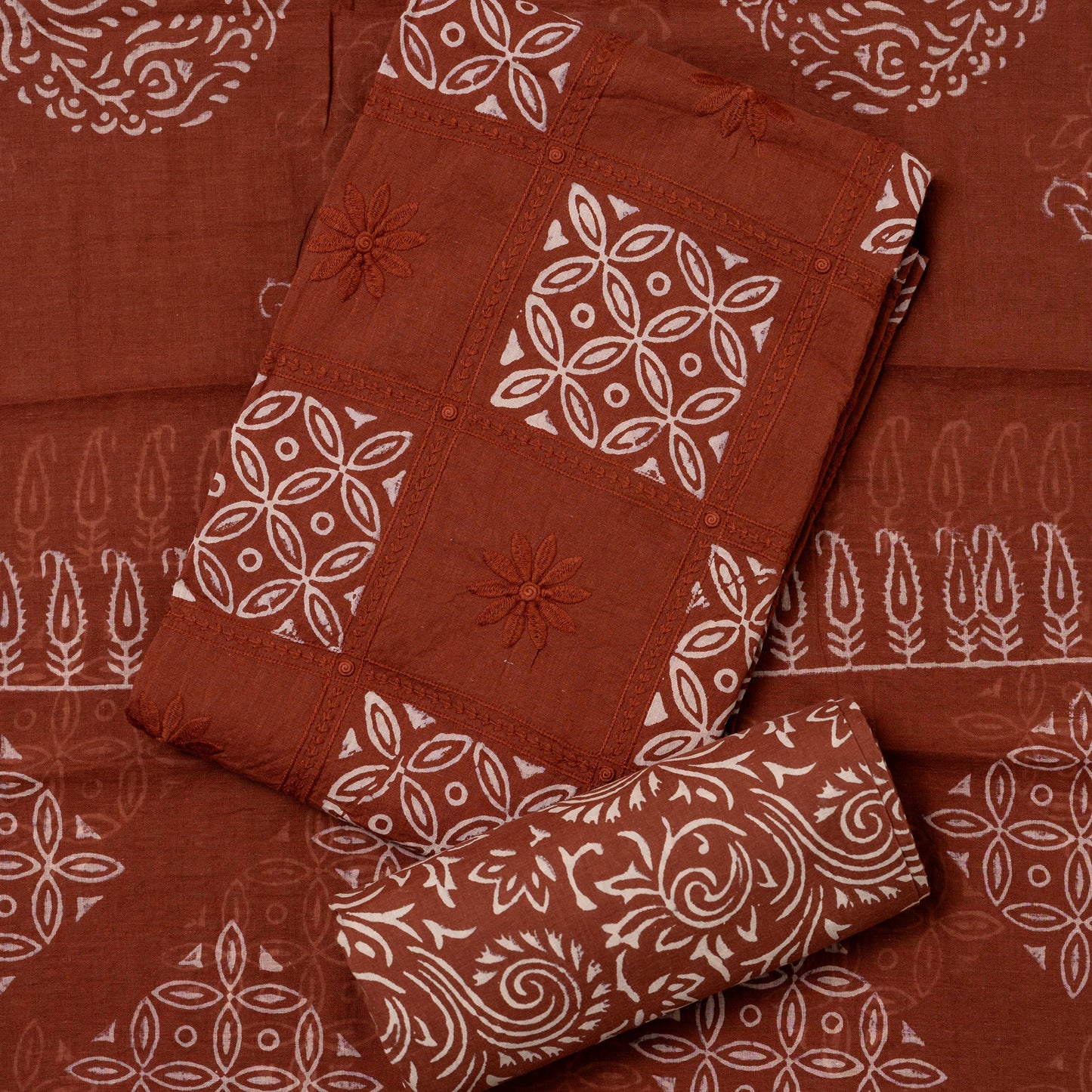 cotton batik top with embroidery work and batik prints, cotton bottom with batik prints, cotton mul dupatta with batik prints