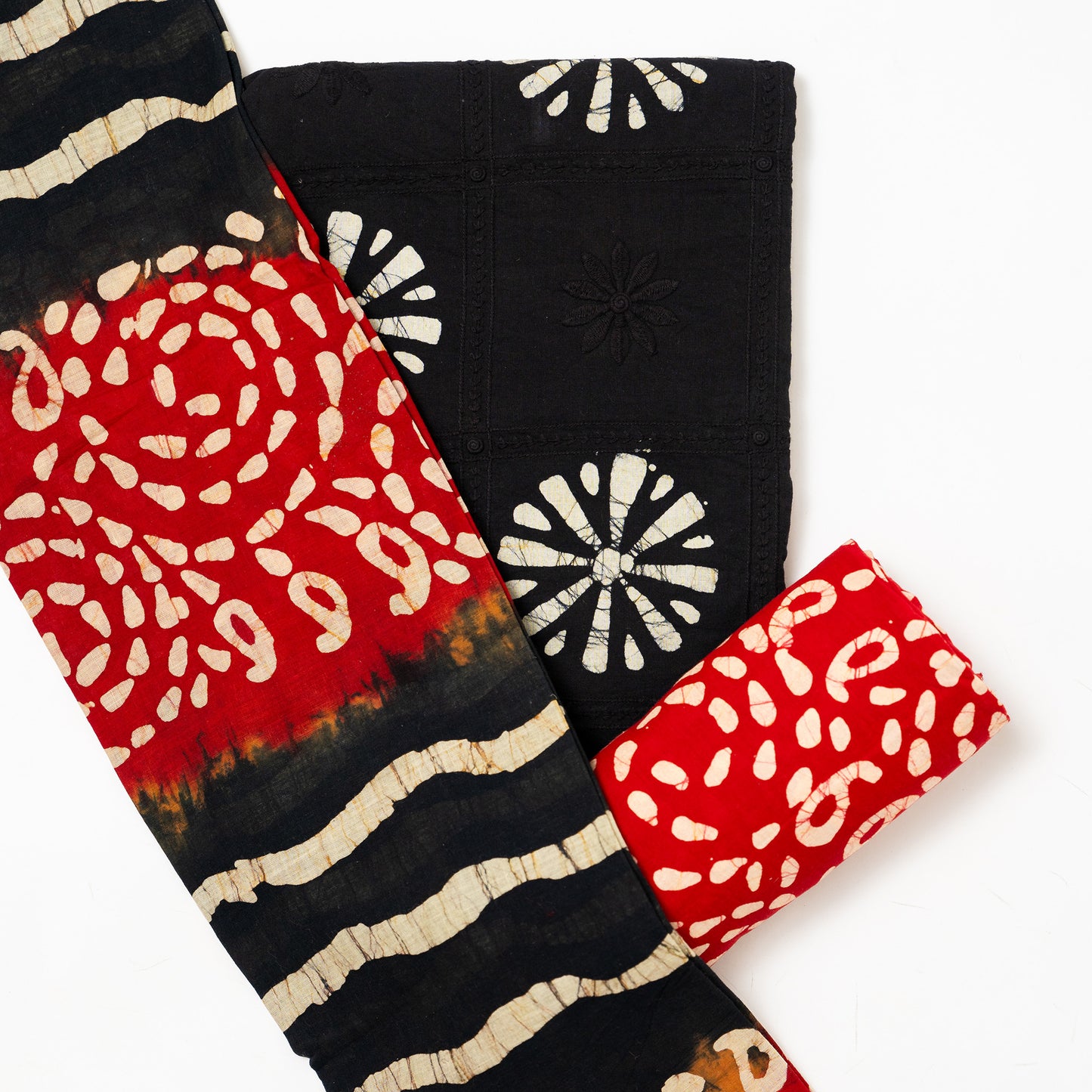 cotton black top with embroidery work, red color cotton batik bottom, cotton mul dupatta with black and red color