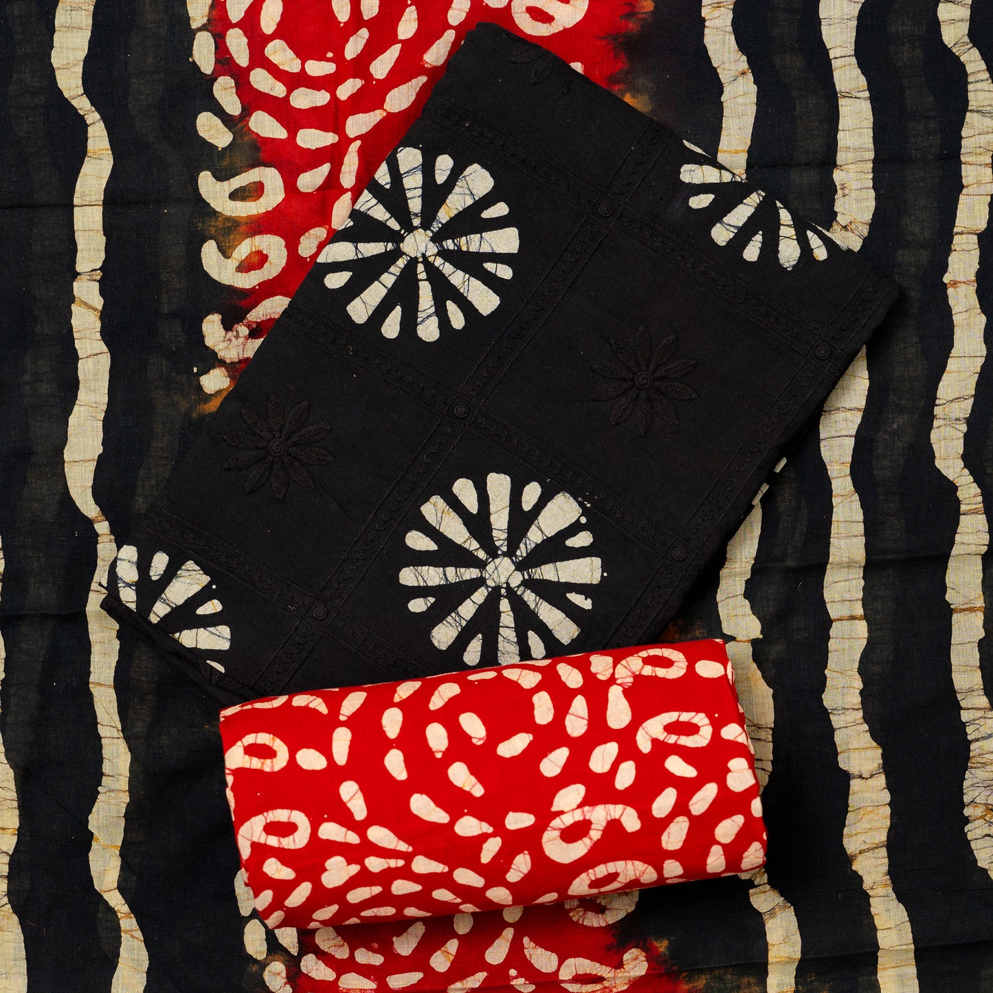 cotton black top with embroidery work, red color cotton batik bottom, cotton mul dupatta with black and red color