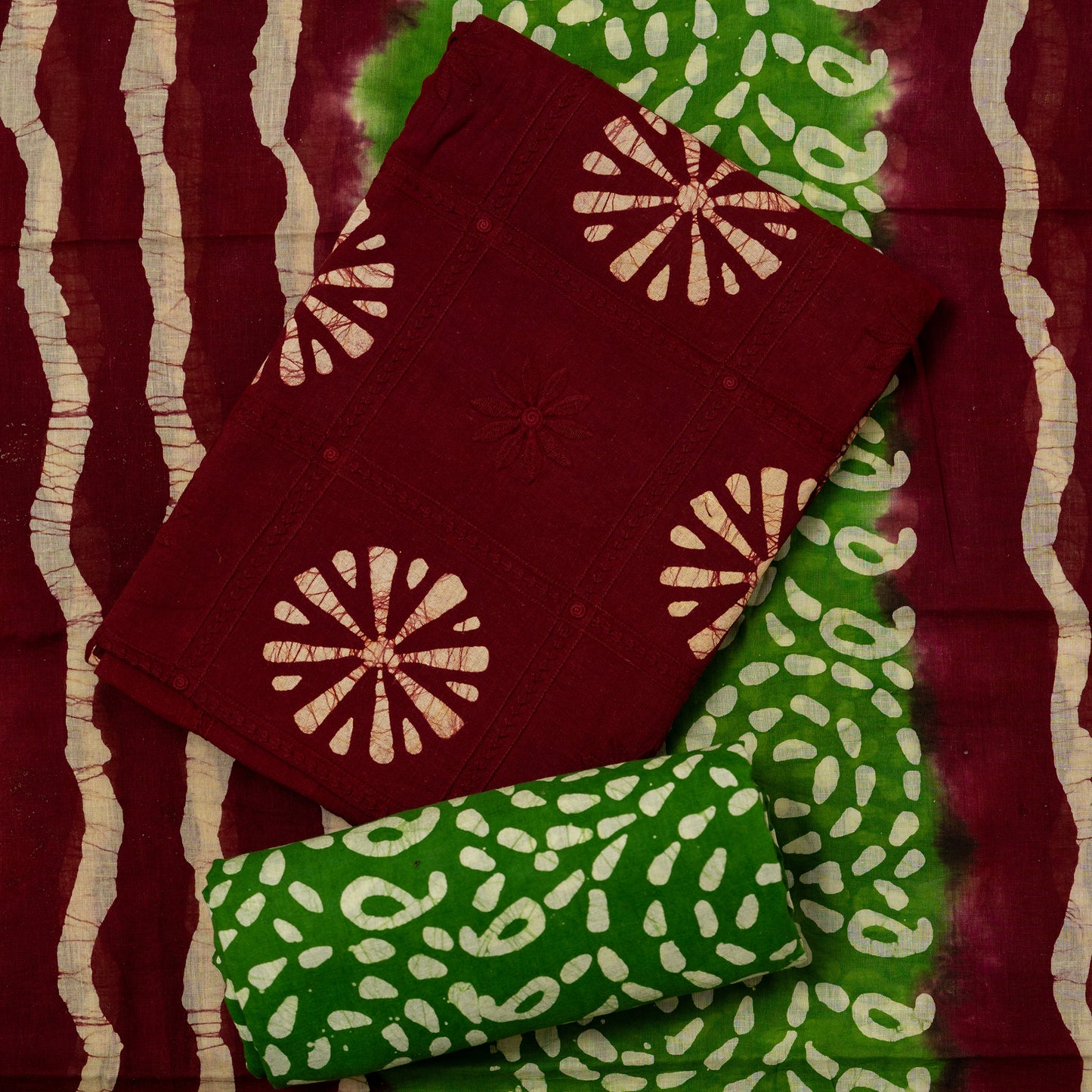 cotton maroon top with embroidery work, green color cotton batik bottom, cotton mul dupatta with maroon and green color