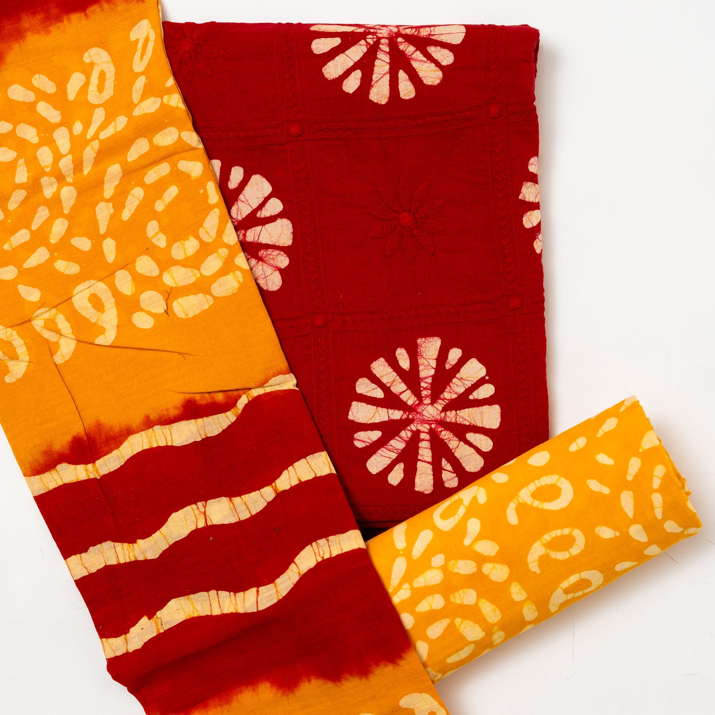 cotton red top with embroidery work, yellow color cotton batik bottom, cotton mul dupatta with red and yellow color
