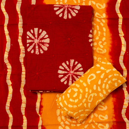 cotton red top with embroidery work, yellow color cotton batik bottom, cotton mul dupatta with red and yellow color