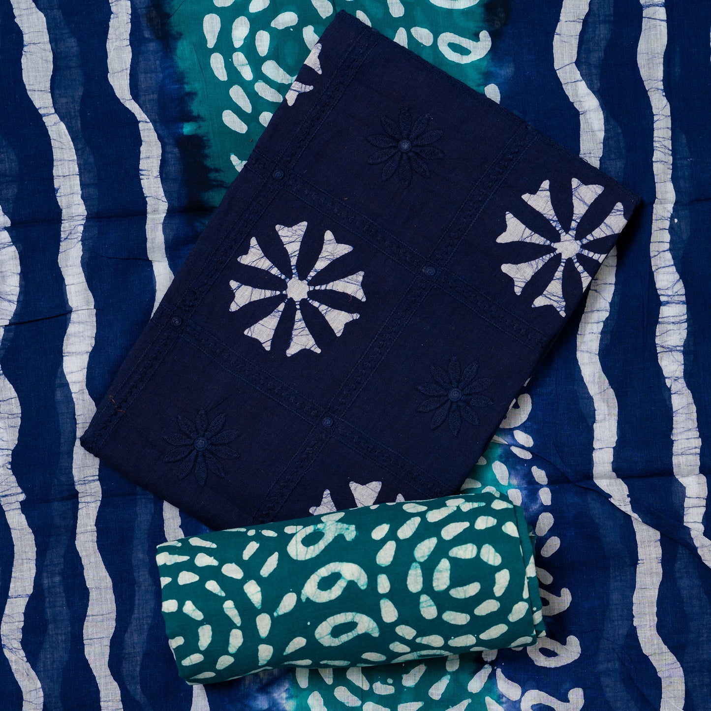 cotton navy blue top with embroidery work, teal blue color cotton batik bottom, cotton mul dupatta with navy and teal color