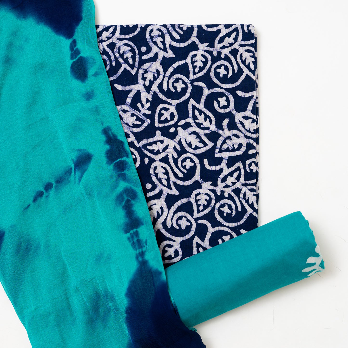 cotton navy blue color batik top with batik prints, teal blue bottom with batik prints, naznin dupatta with navy blue and teal color
