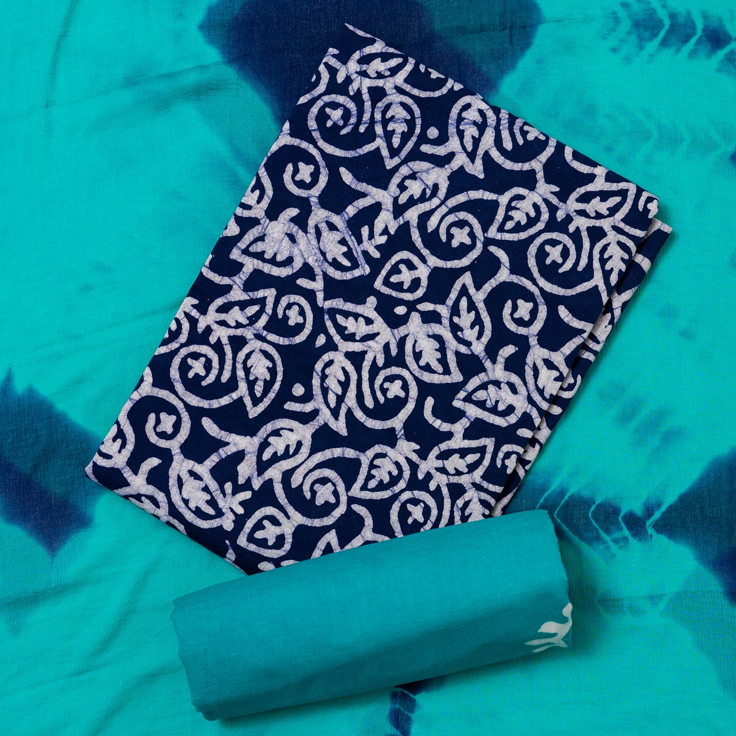 cotton navy blue color batik top with batik prints, teal blue bottom with batik prints, naznin dupatta with navy blue and teal color