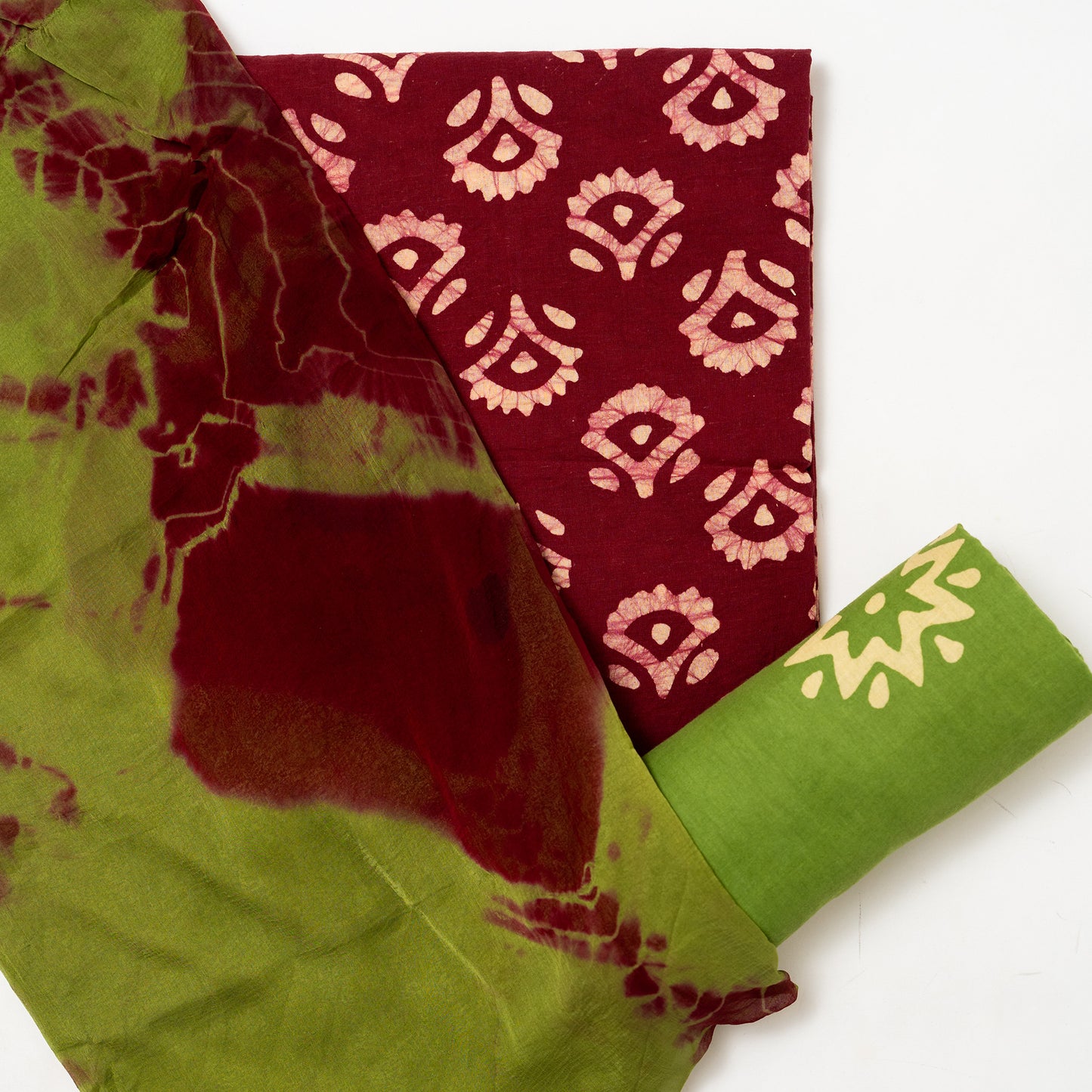 marooncotton batik top with green color bottom with batik prints, naznin dupatta in green and maroon color