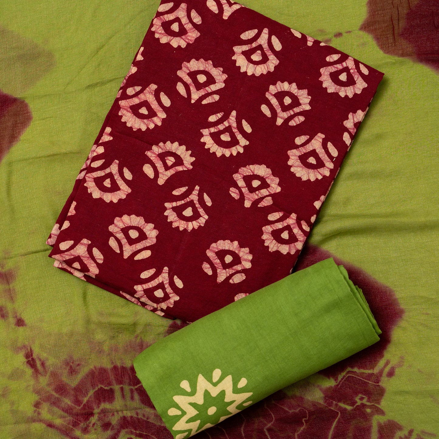 marooncotton batik top with green color bottom with batik prints, naznin dupatta in green and maroon color