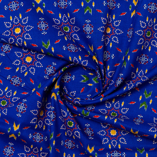 blue color cambric cotton fabric with multi color prints