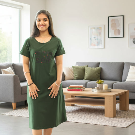Women wearing green color cotton short nighty with text written on chest area