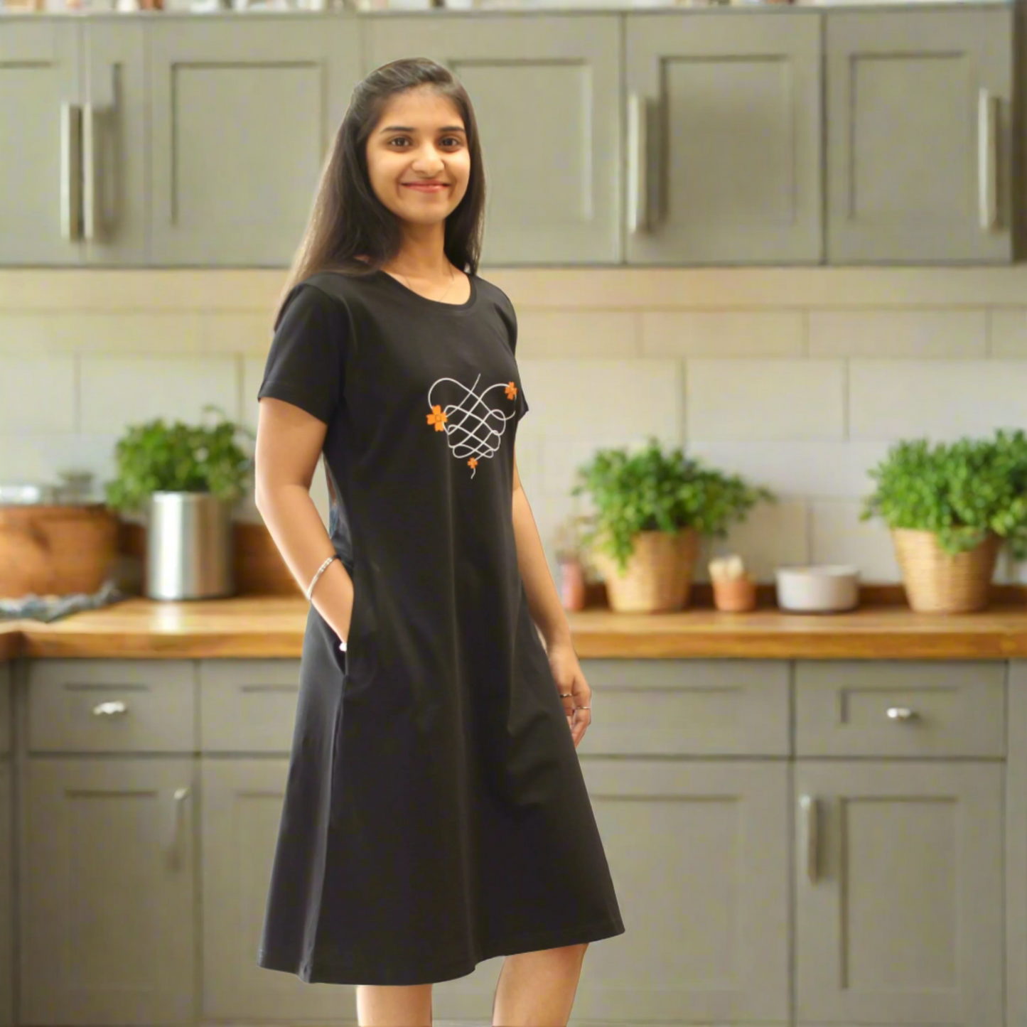women putting hands in pocket and posing wearing black color short nighty