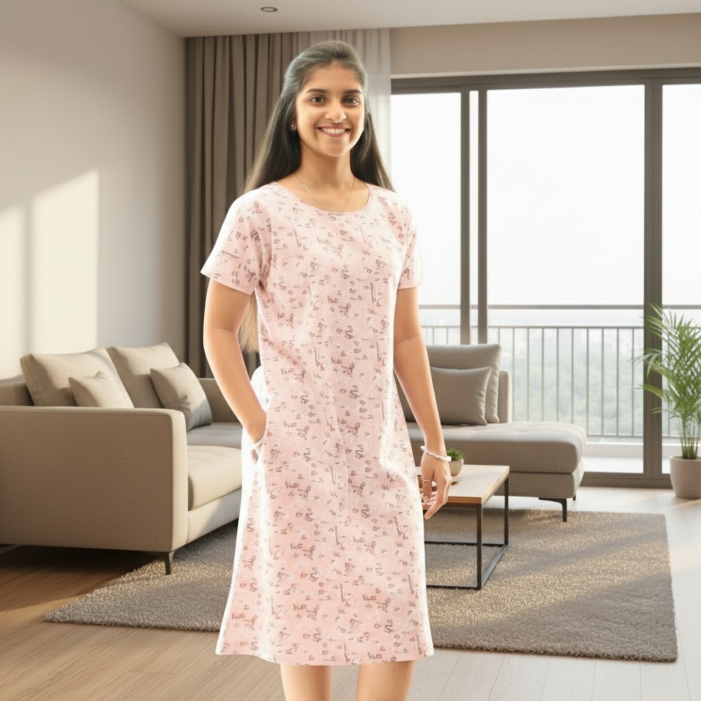 Women wearing light pink color cotton short nighty with hands in pocket