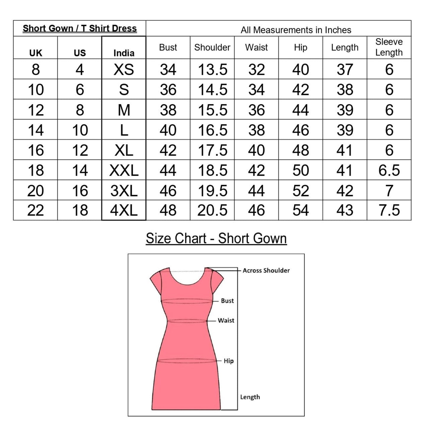 size chart for knee length cotton short night gown for women, measurement details for sizes from XS to 4XL