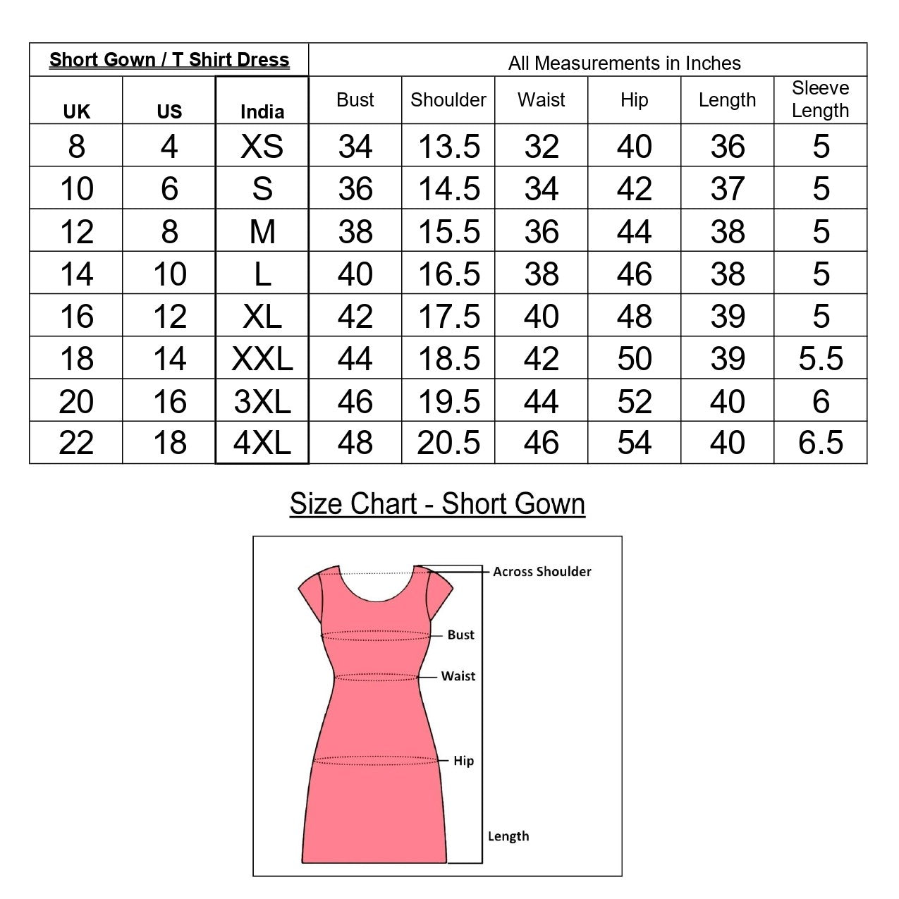 Size chart for old knee length short nighty