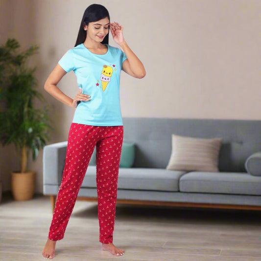 Light blue color t shirt with ice cream cone design print, maroon pyjama with star design print, hosiery cotton pyjama set