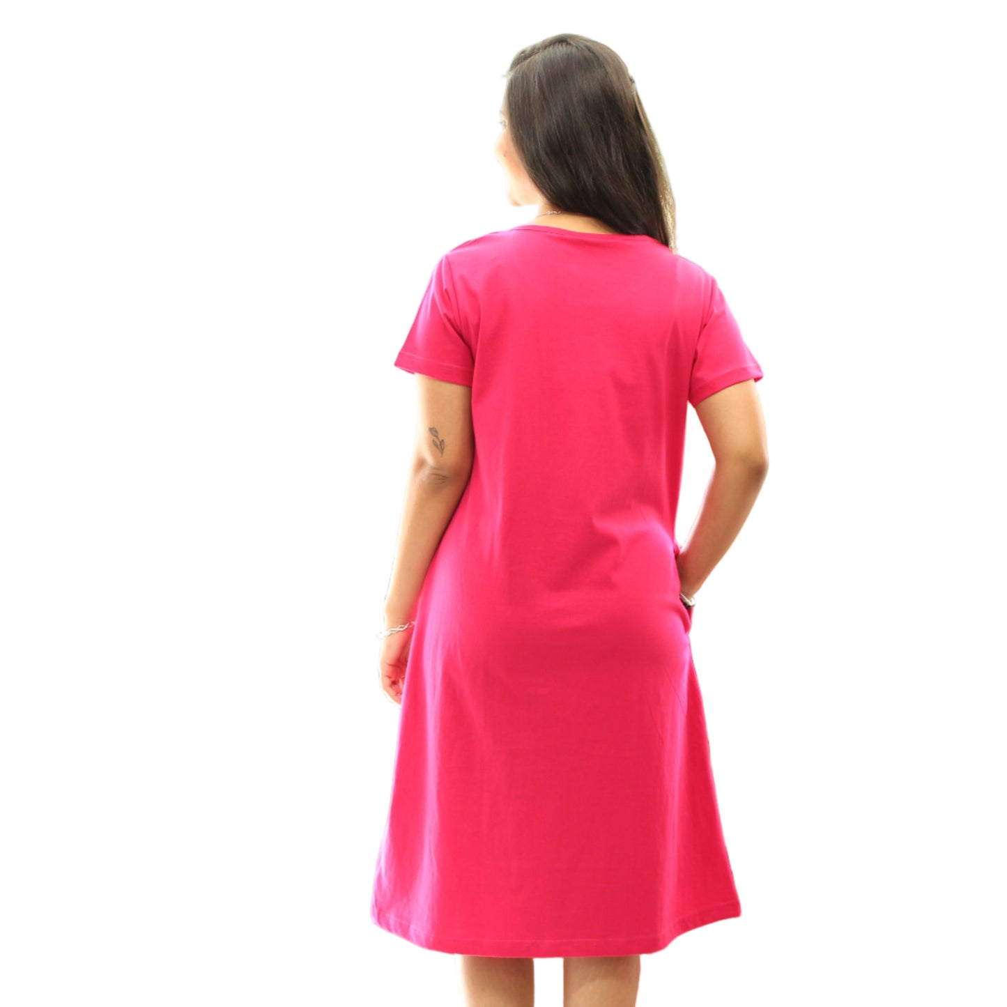 back view of pink color cotton knee length t shirt dress
