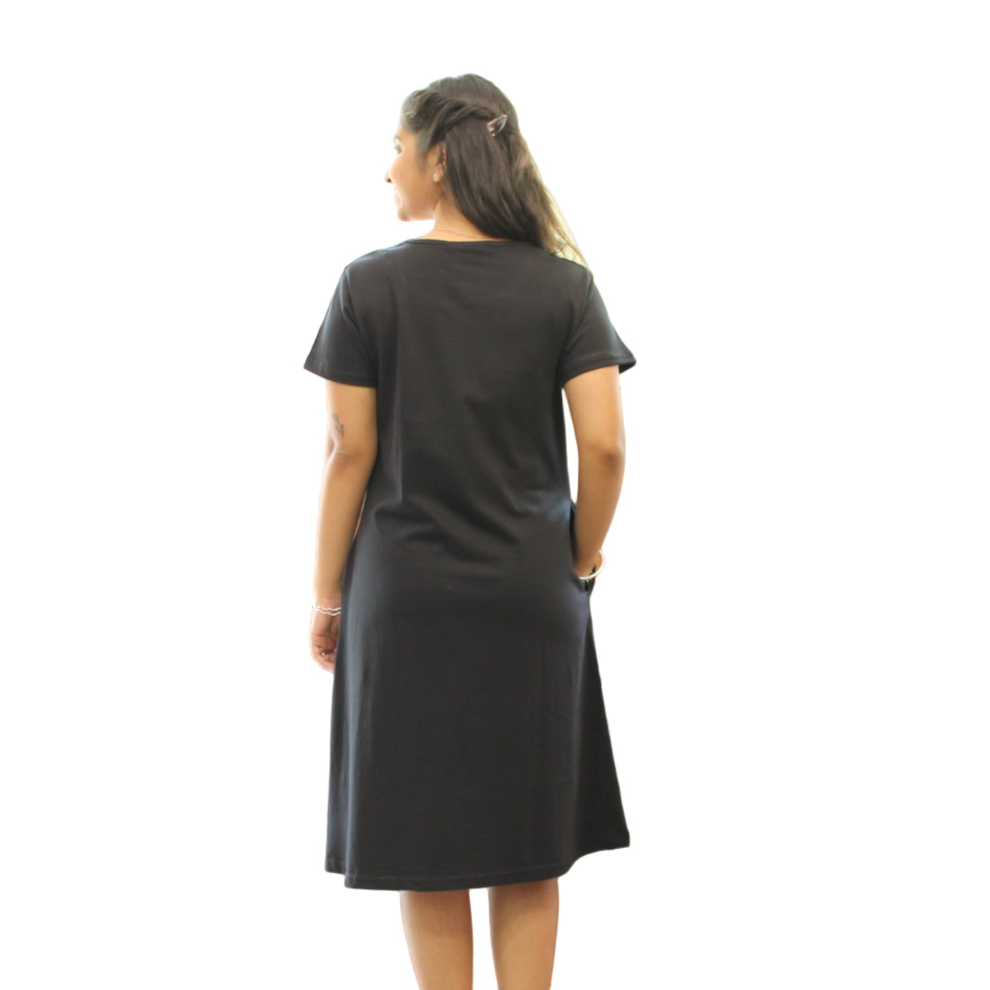 women wearing black color cotton short nighty, standing backwards