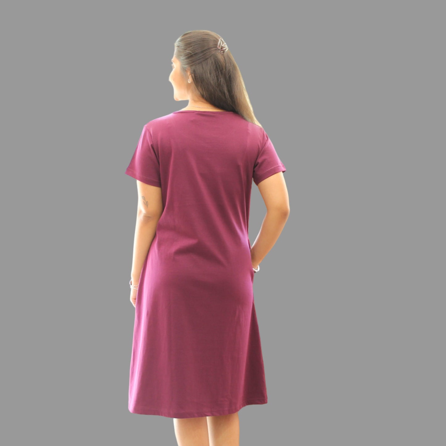 back view of wine color cotton t shirt dress